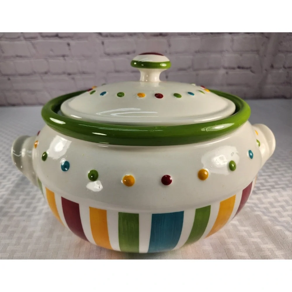 Celebrating Home Covered Stoneware Casserole Dish Tureen Polka Dot Stripe Lid